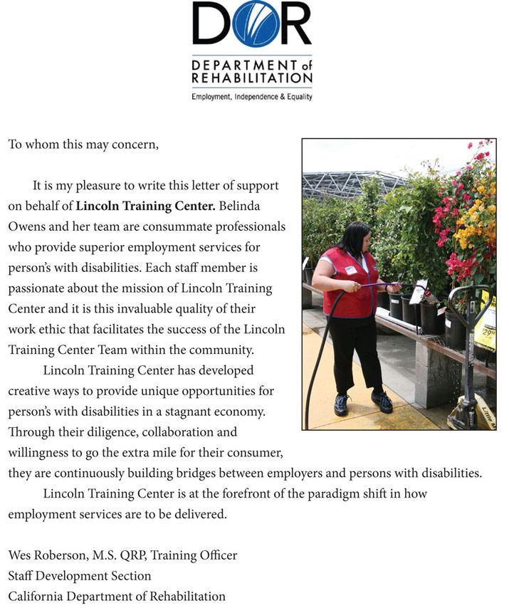 Belinda Owns of Lincoln Training Center receives great recommendation from the Department of Rehabillitation