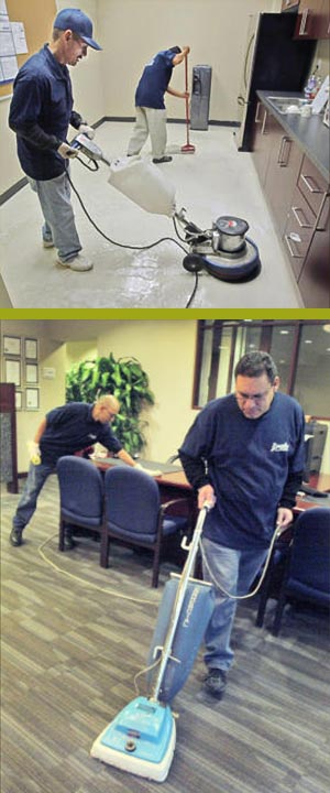 Jerry Espinosa with buffer-stripper cleaning floor while Ramon Gonzales who is mopping the floor at Royal Business Bank in San Gabriel Thursday October 29, 2009. Miguel Moreno polishes a desk in back while Hector Zarate vacuums at Royal Business Bank in San Gabriel Thursday October 29.